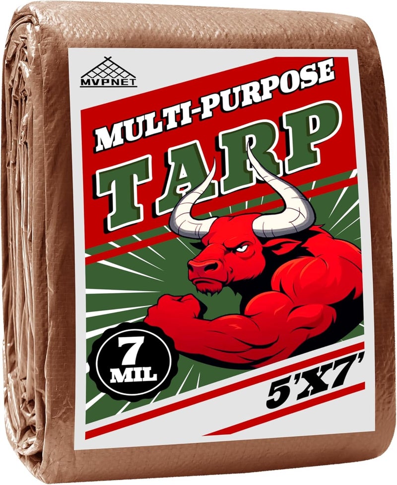 MVPNET Tarp 5x7 ft 100% Waterproof 7mil Durable Grommets and Reinforced Edges,Uv Resistant,Green/Brown Tarp,Emergency Rain Shelter,Outdoor Cover and Camping Use -by - Image 1